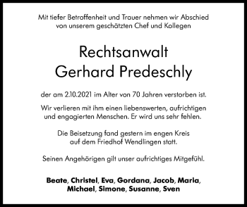 Traueranzeige von Gerhard Predeschly von Stuttgarter Zeitung / Stuttgarter Nachrichten