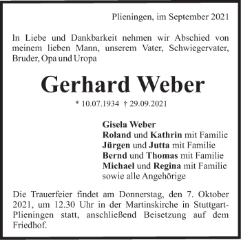 Traueranzeige von Gerhard Weber von Stuttgarter Zeitung / Stuttgarter Nachrichten