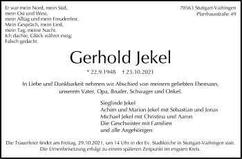 Traueranzeige von Gerhold Jekel von Stuttgarter Zeitung / Stuttgarter Nachrichten