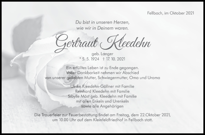  Traueranzeige für Gertraut Kleedehn vom 19.10.2021 aus Stuttgarter Zeitung / Stuttgarter Nachrichten