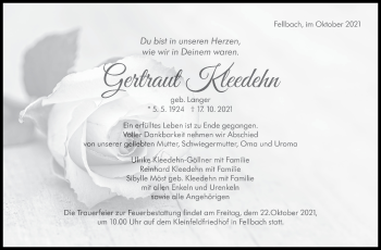 Traueranzeige von Gertraut Kleedehn von Stuttgarter Zeitung / Stuttgarter Nachrichten