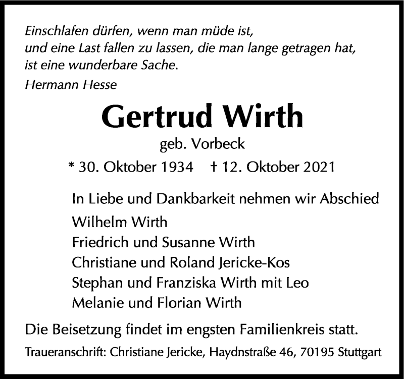  Traueranzeige für Gertrud Wirth vom 18.10.2021 aus Stuttgarter Zeitung / Stuttgarter Nachrichten