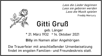 Traueranzeige von Gitti Gruß von Stuttgarter Zeitung / Stuttgarter Nachrichten
