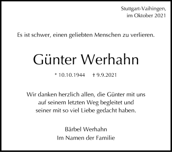 Traueranzeige von Günter Werhahn von Stuttgarter Zeitung / Stuttgarter Nachrichten