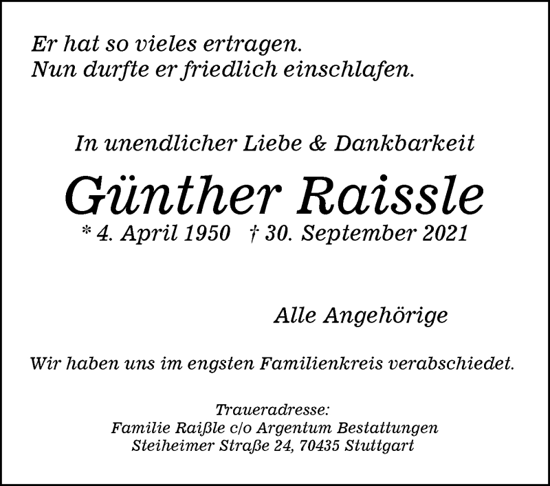  Traueranzeige für Günther Raissle vom 14.10.2021 aus Stuttgarter Zeitung / Stuttgarter Nachrichten