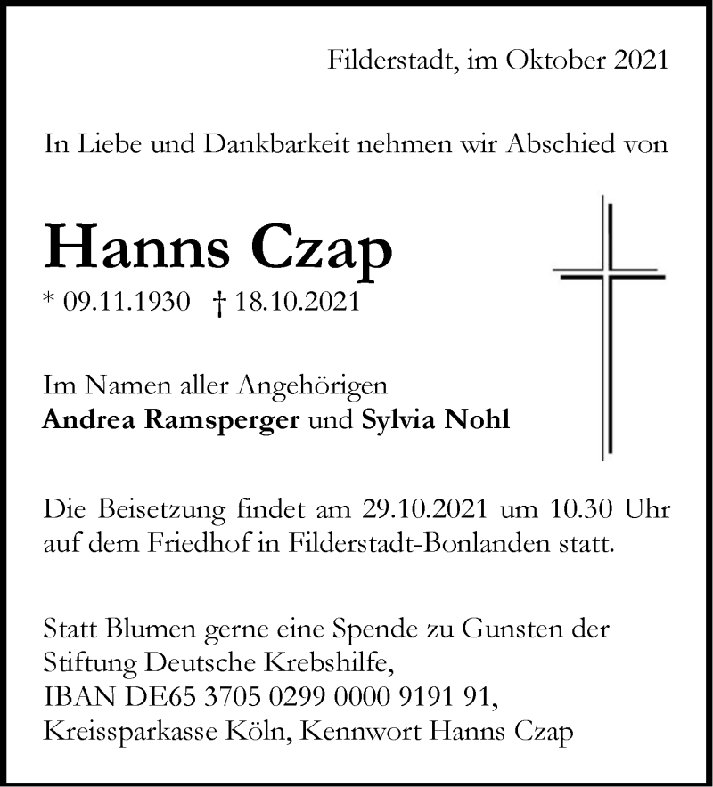  Traueranzeige für Hanns Czap vom 26.10.2021 aus Stuttgarter Zeitung / Stuttgarter Nachrichten