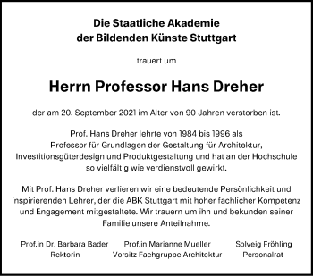 Traueranzeige von Hans Dreher von Stuttgarter Zeitung / Stuttgarter Nachrichten