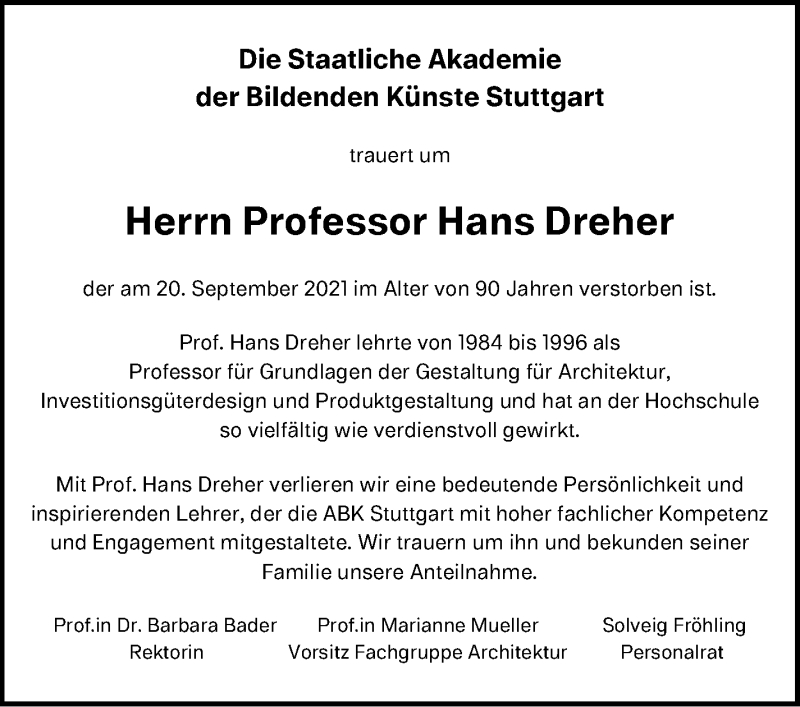  Traueranzeige für Hans Dreher vom 16.10.2021 aus Stuttgarter Zeitung / Stuttgarter Nachrichten