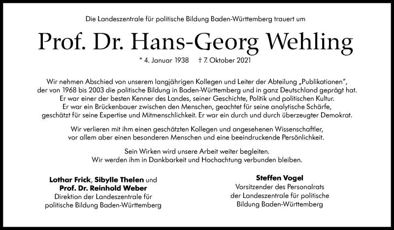  Traueranzeige für Hans-Georg Wehling vom 16.10.2021 aus Stuttgarter Zeitung / Stuttgarter Nachrichten