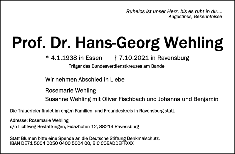  Traueranzeige für Hans-Georg Wehling vom 16.10.2021 aus Stuttgarter Zeitung / Stuttgarter Nachrichten