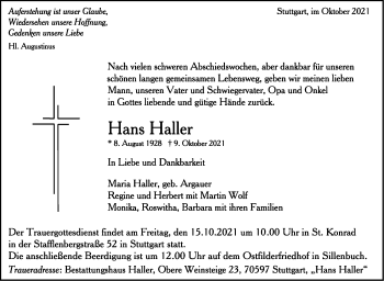 Traueranzeige von Hans Haller von Stuttgarter Zeitung / Stuttgarter Nachrichten