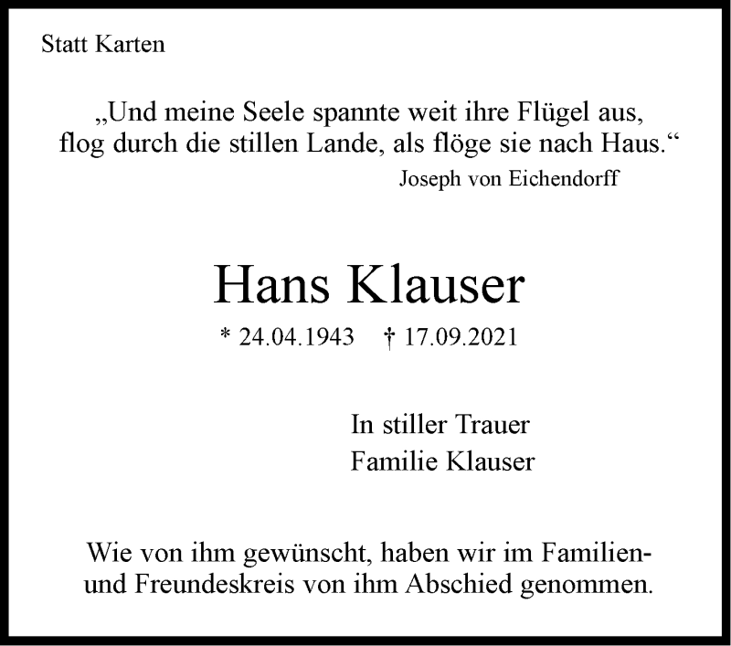  Traueranzeige für Hans Klauser vom 05.10.2021 aus Stuttgarter Zeitung / Stuttgarter Nachrichten