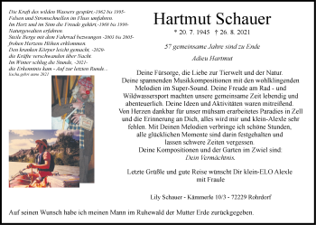 Traueranzeige von Hartmut Schauer von Stuttgarter Zeitung / Stuttgarter Nachrichten