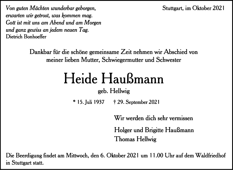  Traueranzeige für Heide Haußmann vom 02.10.2021 aus Stuttgarter Zeitung / Stuttgarter Nachrichten