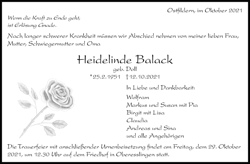  Traueranzeige für Heidelinde Balack vom 23.10.2021 aus Stuttgarter Zeitung / Stuttgarter Nachrichten