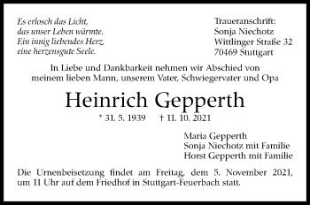 Traueranzeige von Heinrich Gepperth von Stuttgarter Zeitung / Stuttgarter Nachrichten