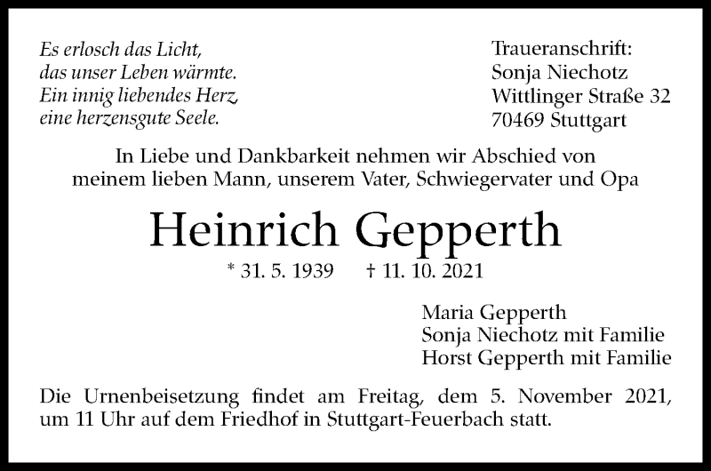  Traueranzeige für Heinrich Gepperth vom 29.10.2021 aus Stuttgarter Zeitung / Stuttgarter Nachrichten