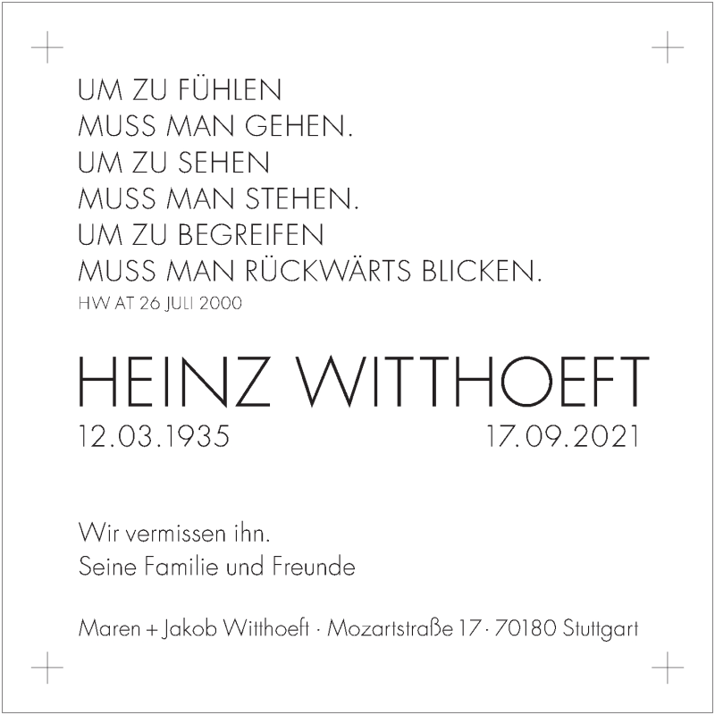  Traueranzeige für Heinz Witthoeft vom 02.10.2021 aus Stuttgarter Zeitung / Stuttgarter Nachrichten