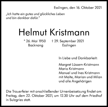 Traueranzeige von Helmut Kristmann von Stuttgarter Zeitung / Stuttgarter Nachrichten