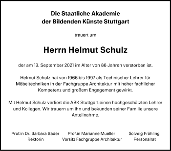 Traueranzeige von Helmut Schulz von Stuttgarter Zeitung / Stuttgarter Nachrichten