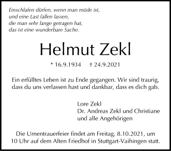 Traueranzeige von Helmut Zekl von Stuttgarter Zeitung / Stuttgarter Nachrichten