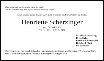 Traueranzeige von Henriette Scherzinger von Stuttgarter Zeitung / Stuttgarter Nachrichten