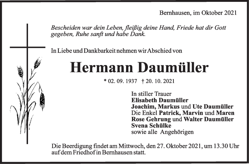  Traueranzeige für Hermann Daumüller vom 23.10.2021 aus Stuttgarter Zeitung / Stuttgarter Nachrichten
