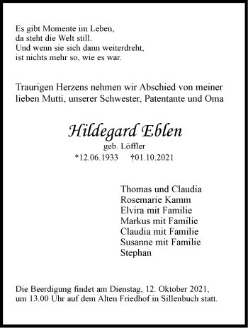Traueranzeige von Hildegard Eblen von Stuttgarter Zeitung / Stuttgarter Nachrichten