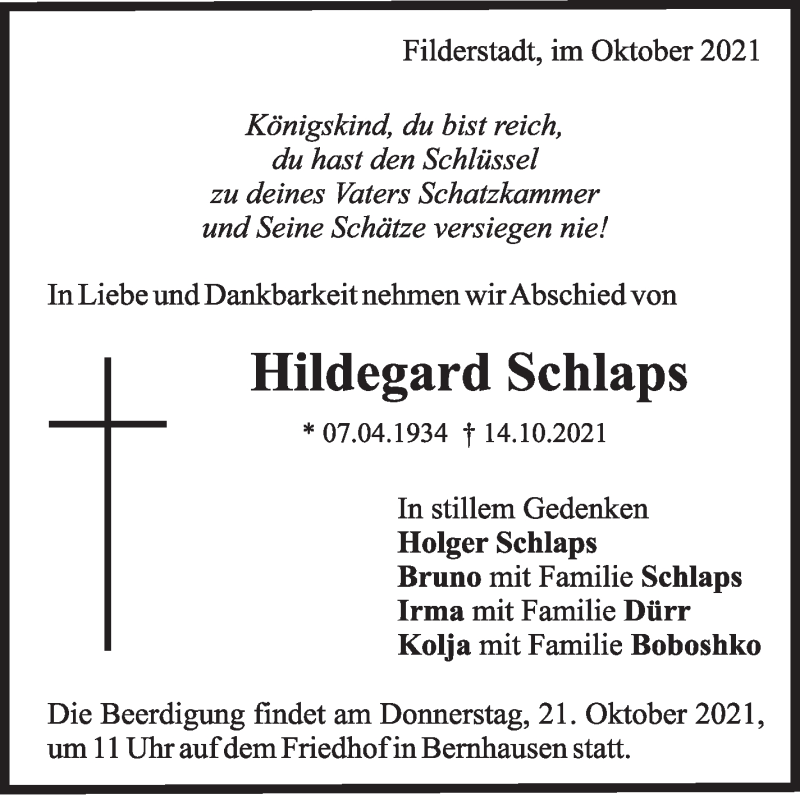  Traueranzeige für Hildegard Schlaps vom 18.10.2021 aus Stuttgarter Zeitung / Stuttgarter Nachrichten