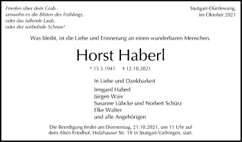 Traueranzeige von Horst Haberl von Stuttgarter Zeitung / Stuttgarter Nachrichten