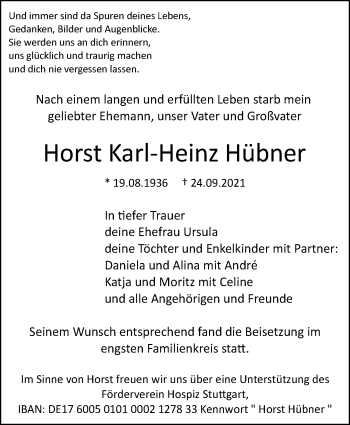 Traueranzeige von Horst Karl-Heinz Hübner von Stuttgarter Zeitung / Stuttgarter Nachrichten