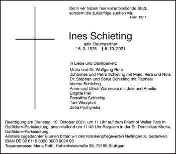 Traueranzeige von Ines Schieting von Stuttgarter Zeitung / Stuttgarter Nachrichten