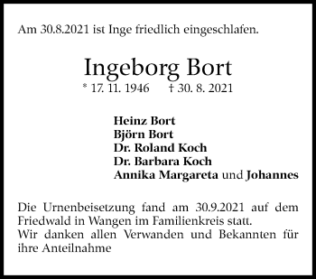 Traueranzeige von Ingeborg Bort von Stuttgarter Zeitung / Stuttgarter Nachrichten