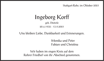 Traueranzeige von Ingeborg Korff von Stuttgarter Zeitung / Stuttgarter Nachrichten