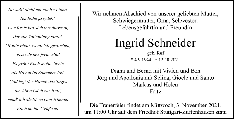  Traueranzeige für Ingrid Schneider vom 18.10.2021 aus Stuttgarter Zeitung / Stuttgarter Nachrichten