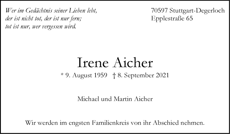  Traueranzeige für Irene Aicher vom 16.10.2021 aus Stuttgarter Zeitung / Stuttgarter Nachrichten
