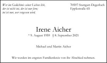 Traueranzeige von Irene Aicher von Stuttgarter Zeitung / Stuttgarter Nachrichten