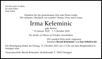 Traueranzeige von Irma Keleminic von Stuttgarter Zeitung / Stuttgarter Nachrichten
