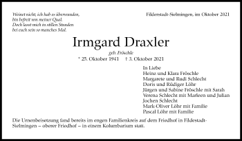 Traueranzeige von Irmgard Draxler von Stuttgarter Zeitung / Stuttgarter Nachrichten