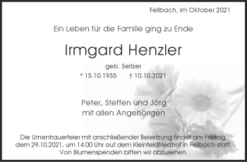 Traueranzeige von Irmgard Henzler von Stuttgarter Zeitung / Stuttgarter Nachrichten
