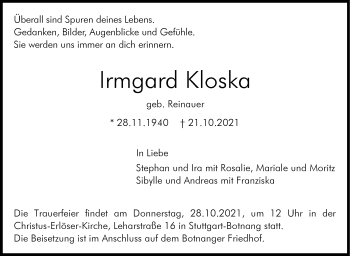 Traueranzeige von Irmgard Kloska von Stuttgarter Zeitung / Stuttgarter Nachrichten