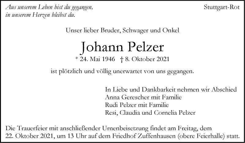  Traueranzeige für Johann Pelzer vom 16.10.2021 aus Stuttgarter Zeitung / Stuttgarter Nachrichten