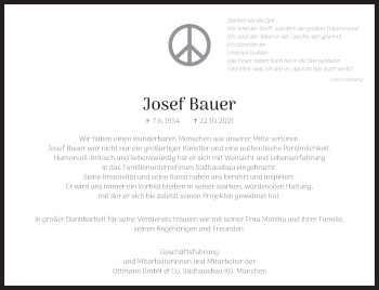 Traueranzeige von Josef Bauer von Stuttgarter Zeitung / Stuttgarter Nachrichten
