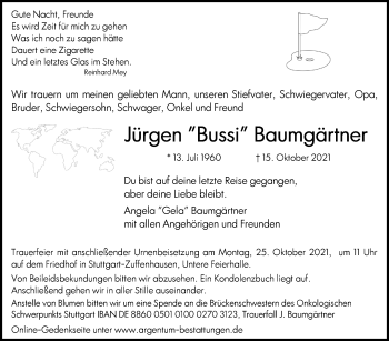 Traueranzeige von Jürgen Baumgärtner von Stuttgarter Zeitung / Stuttgarter Nachrichten