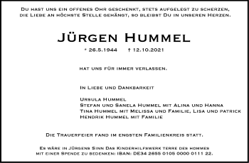 Traueranzeige von Jürgen Hummel von Stuttgarter Zeitung / Stuttgarter Nachrichten