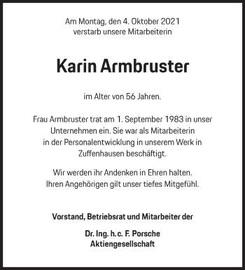 Traueranzeige von Karin Armbruster von Stuttgarter Zeitung / Stuttgarter Nachrichten