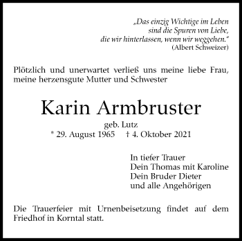 Traueranzeige von Karin Armbruster von Stuttgarter Zeitung / Stuttgarter Nachrichten