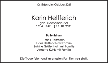 Traueranzeige von Karin Helfferich von Stuttgarter Zeitung / Stuttgarter Nachrichten
