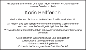 Traueranzeige von Karin Helfferich von Stuttgarter Zeitung / Stuttgarter Nachrichten