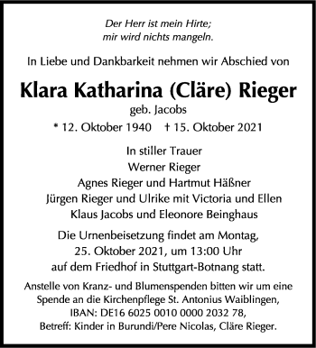 Traueranzeige von Klara Katharina Rieger von Stuttgarter Zeitung / Stuttgarter Nachrichten